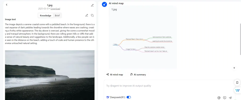 Téléchargez votre image dans l'outil. L'IA l'analyse et en extrait le texte et les liens (par exemple, des flèches ou des cadres). Conseil de pro&nbsp;: pour des outils comme iWeaver, ajoutez une invite (par exemple, «&nbsp;Convertir ce graphique en carte mentale&nbsp;») pour de meilleurs résultats.