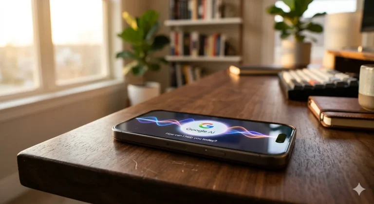 A high-end iPhone showing the Google AI Edge Eloquent app interface on a professional desk.